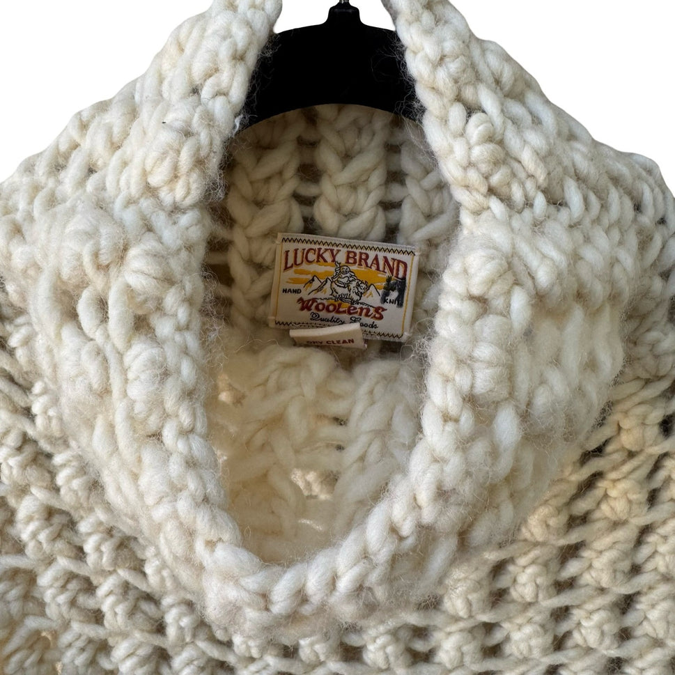 Lucky Brand Woolens Hand Knit Wool Chunky Lattice Turtleneck Sweater Cream L