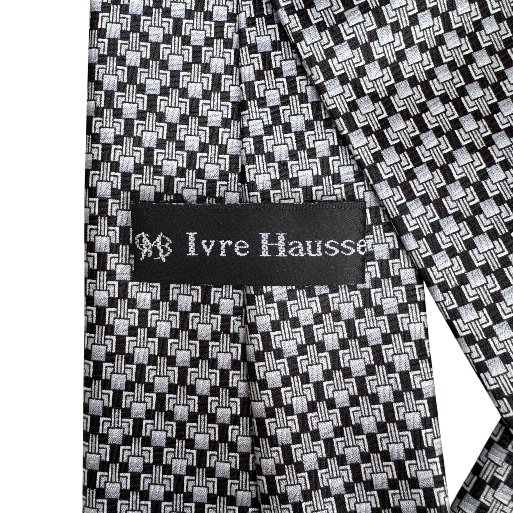 Ivre Hausse Vintage Mens Black & White Geometric Pattern Silk Tie Necktie