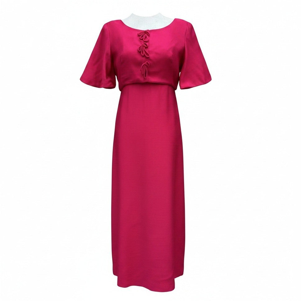 Emma Domb California Vintage 60s Fuchsia Pink Maxi Dress Bow Detail Mod Gown