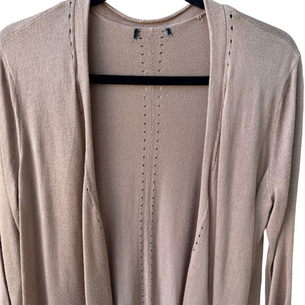 Minimalist Layering Boho Soft Girl Pointelle Open Front Knit Cardigan Tan L