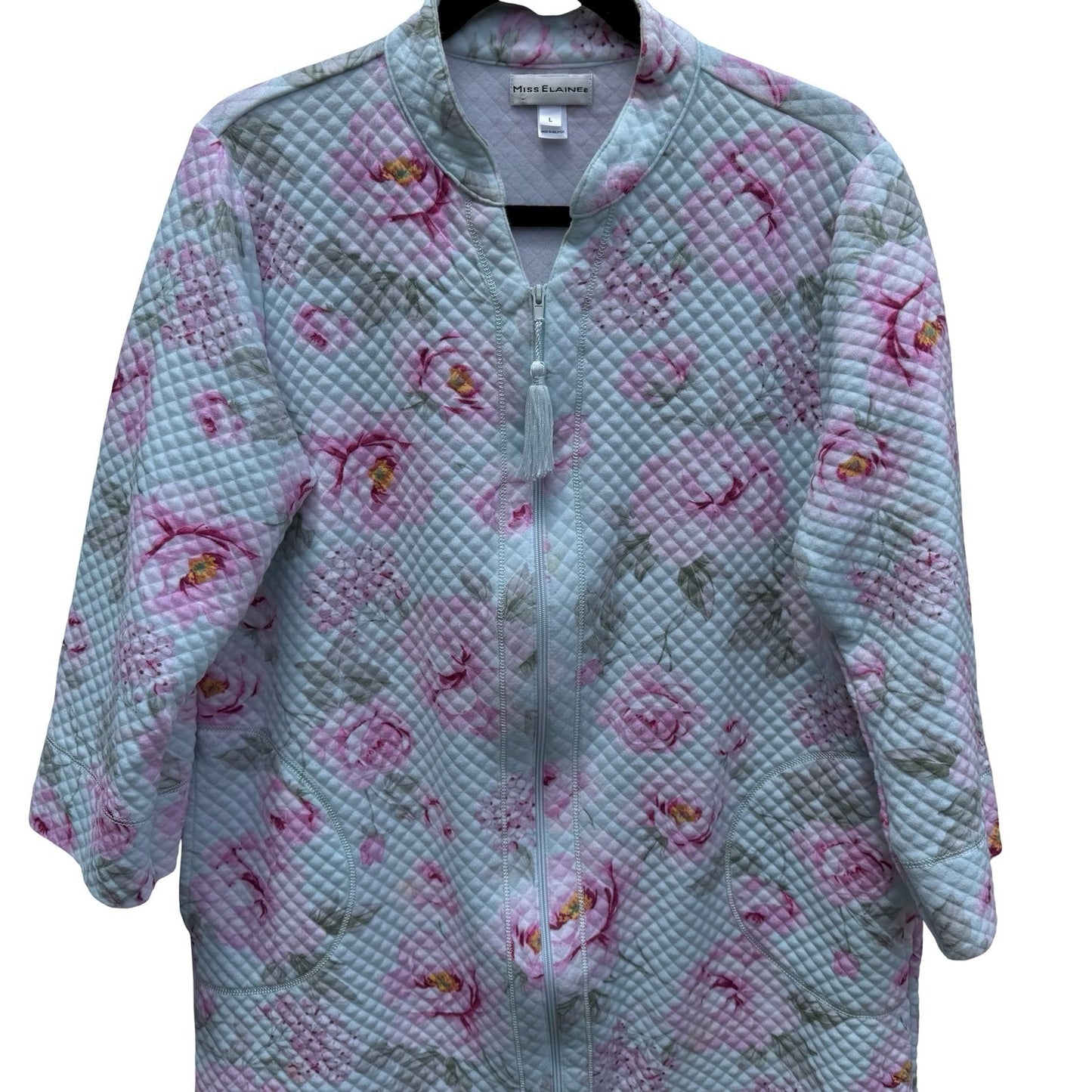 Miss Elaine Womens Large Quilted Zip Front Floral Robe Mint Green Pink 368809T