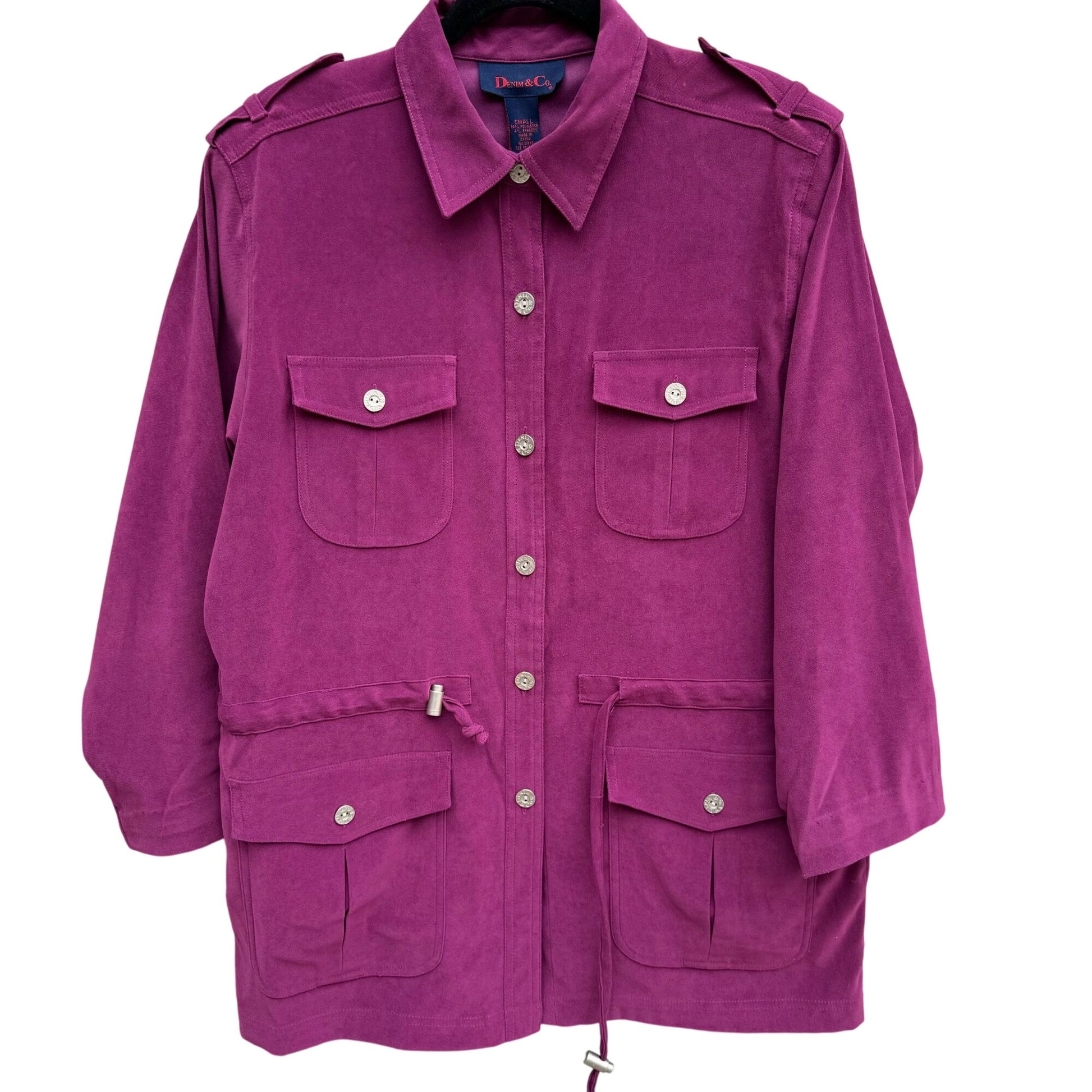 Denim & Co. Womens Fuchsia Faux Suede Safari Military Drawstring Waist Jacket S