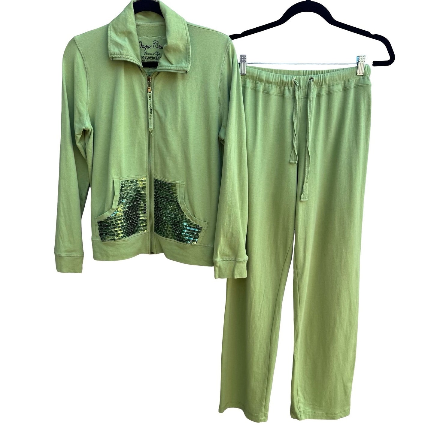 Onque Casuals Y2K McBling Glam Sequin Tracksuit Set Hoodie Pants Lime Womens M
