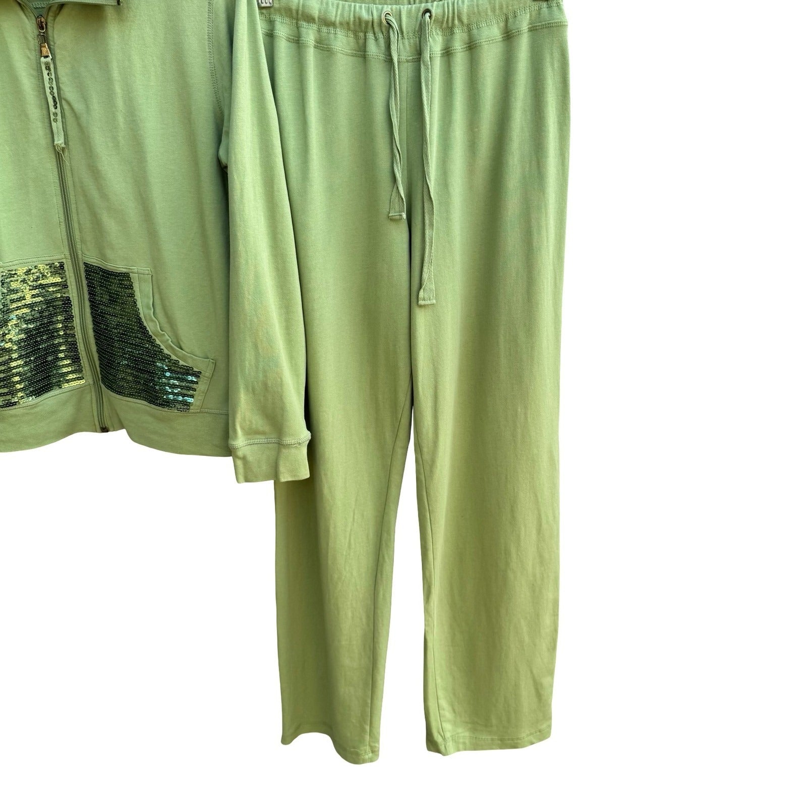 Onque Casuals Y2K McBling Glam Sequin Tracksuit Set Hoodie Pants Lime Womens M