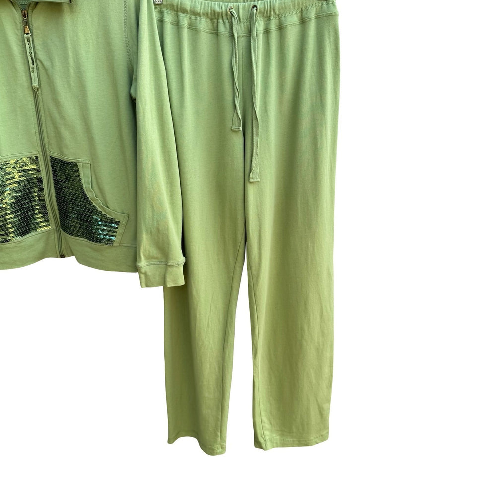 Onque Casuals Y2K McBling Glam Sequin Tracksuit Set Hoodie Pants Lime Womens M