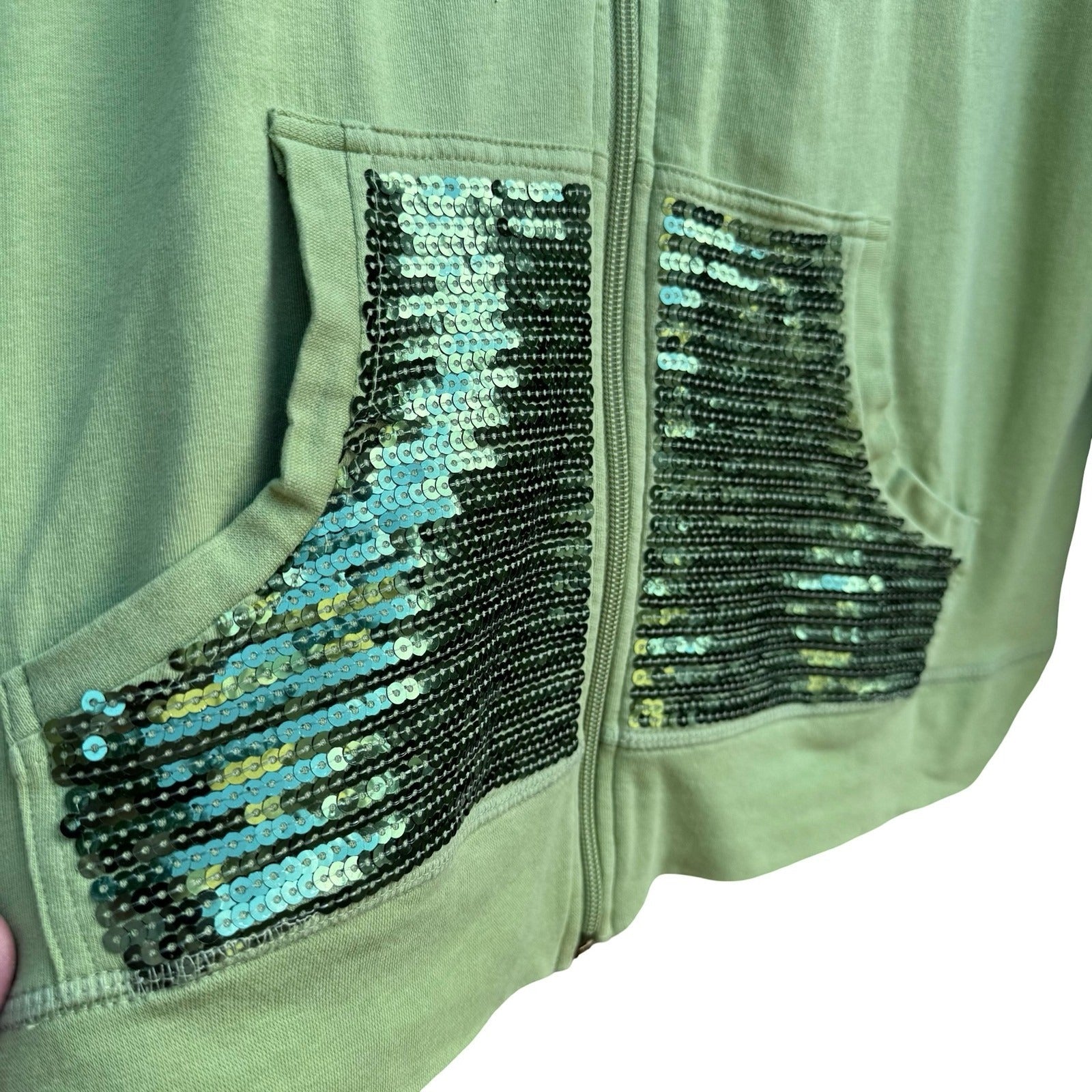 Onque Casuals Y2K McBling Glam Sequin Tracksuit Set Hoodie Pants Lime Womens M