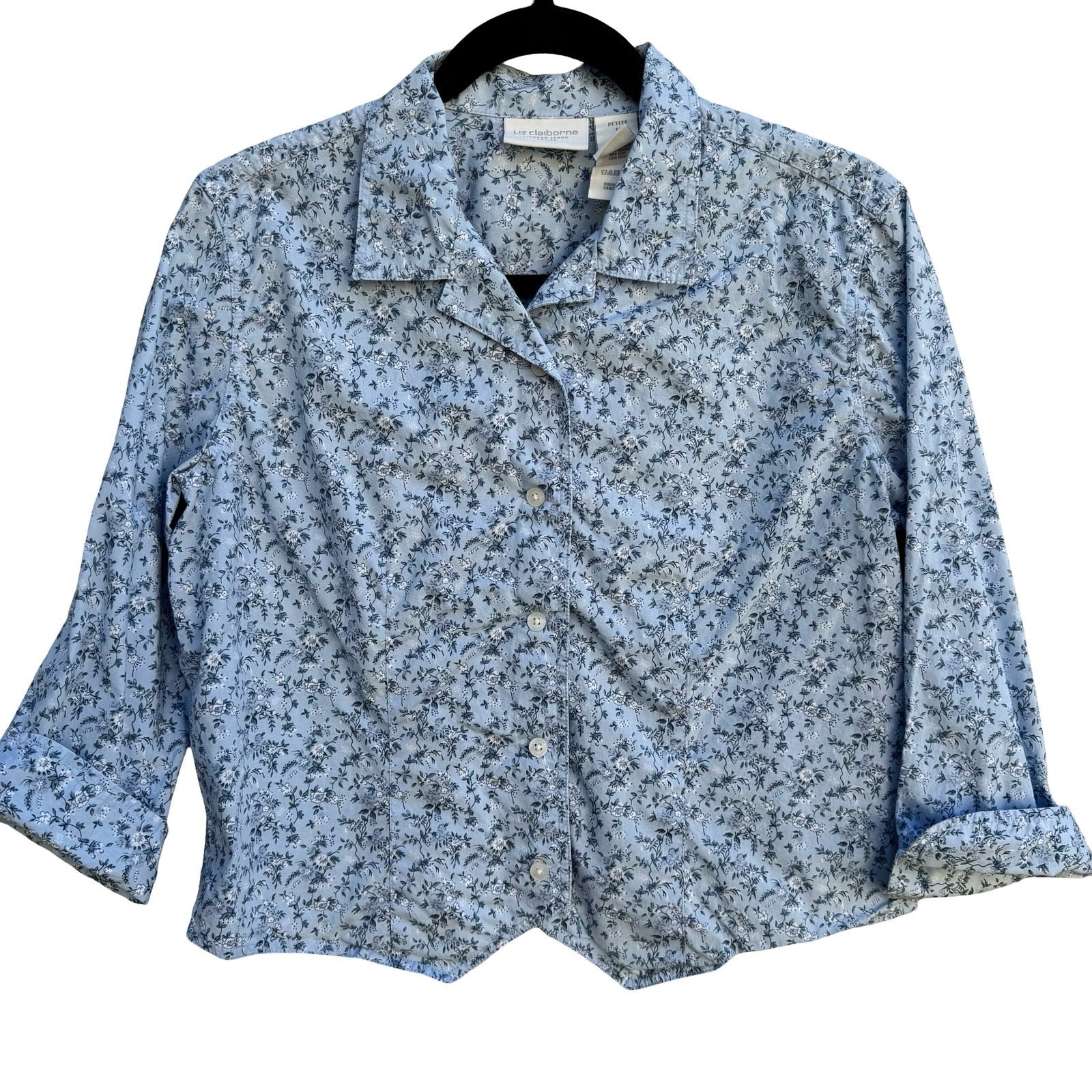 Liz Claiborne Vintage 90s Blue Floral Calico Button Up Cropped Shirt PM Cottage