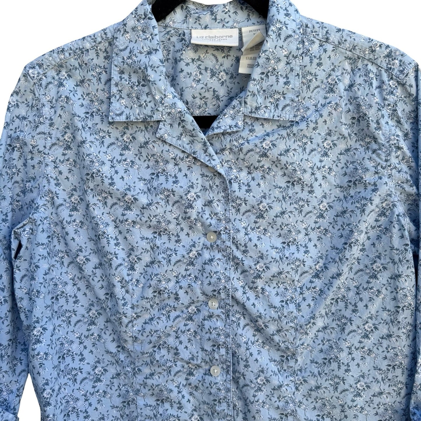 Liz Claiborne Vintage 90s Blue Floral Calico Button Up Cropped Shirt PM Cottage