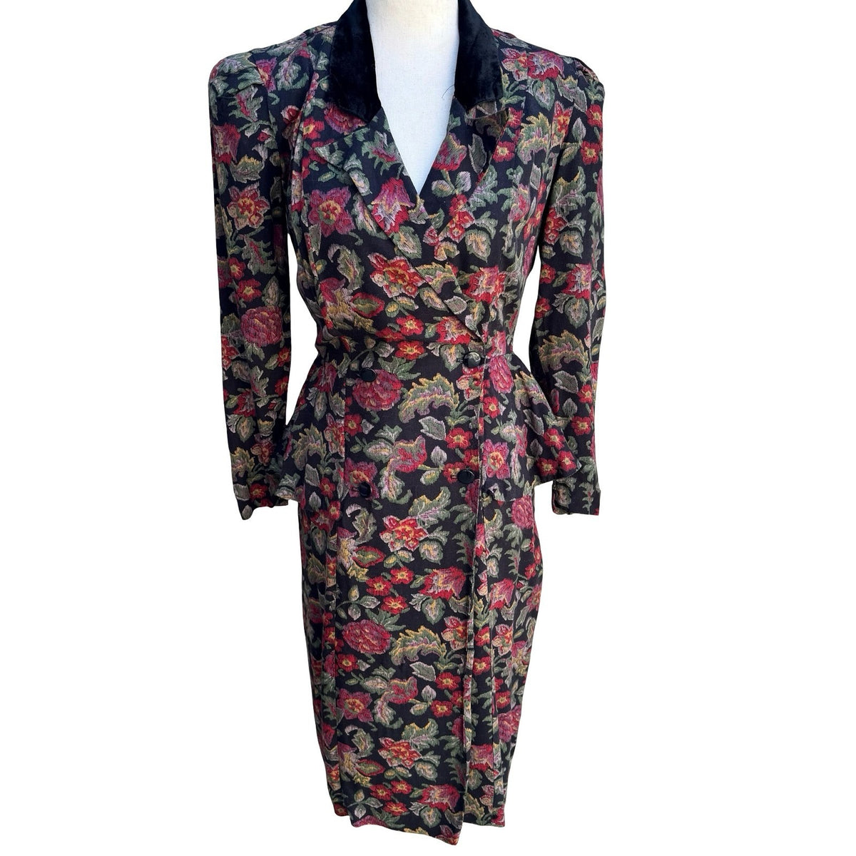Liz Vintage 80s 90s Dark Floral Victorian Gothic Peplum Brocade Tapestry Dress