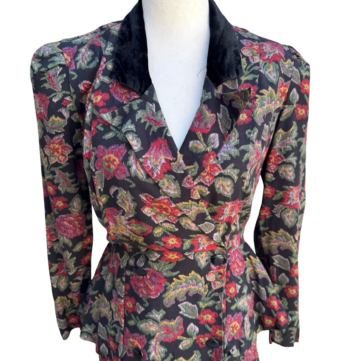 Liz Vintage 80s 90s Dark Floral Victorian Gothic Peplum Brocade Tapestry Dress