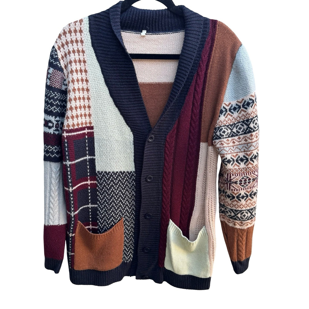 Patchwork Fair Isle Dark Academia Cable Knit Shawl Cardigan Multicolor Mens M
