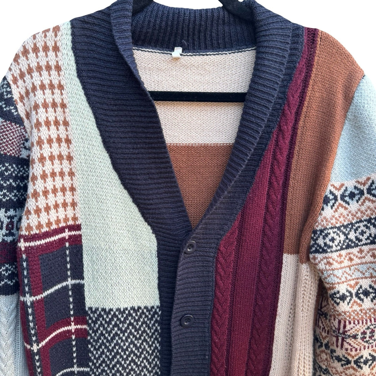 Patchwork Fair Isle Dark Academia Cable Knit Shawl Cardigan Multicolor Mens M