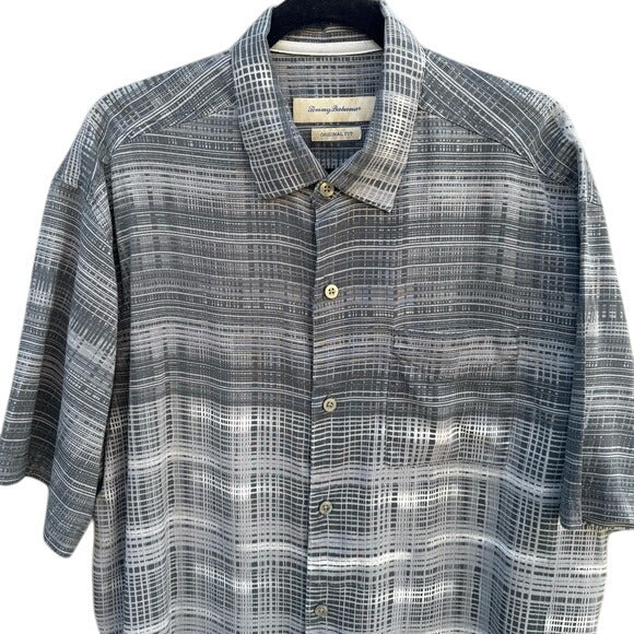 Tommy Bahama Mens Gray Plaid Short-Sleeve Shirt XL Button-Up Collared Casual