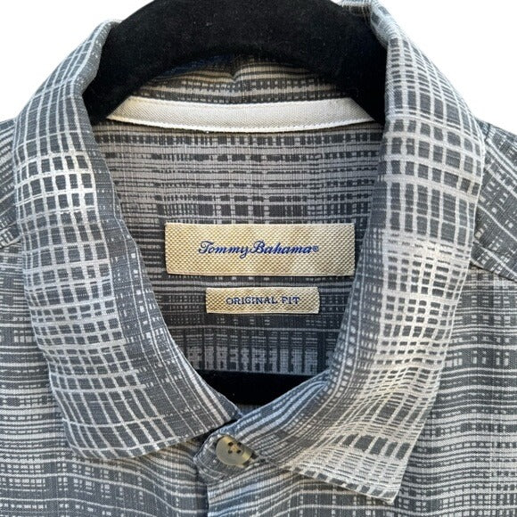 Tommy Bahama Mens Gray Plaid Short-Sleeve Shirt XL Button-Up Collared Casual