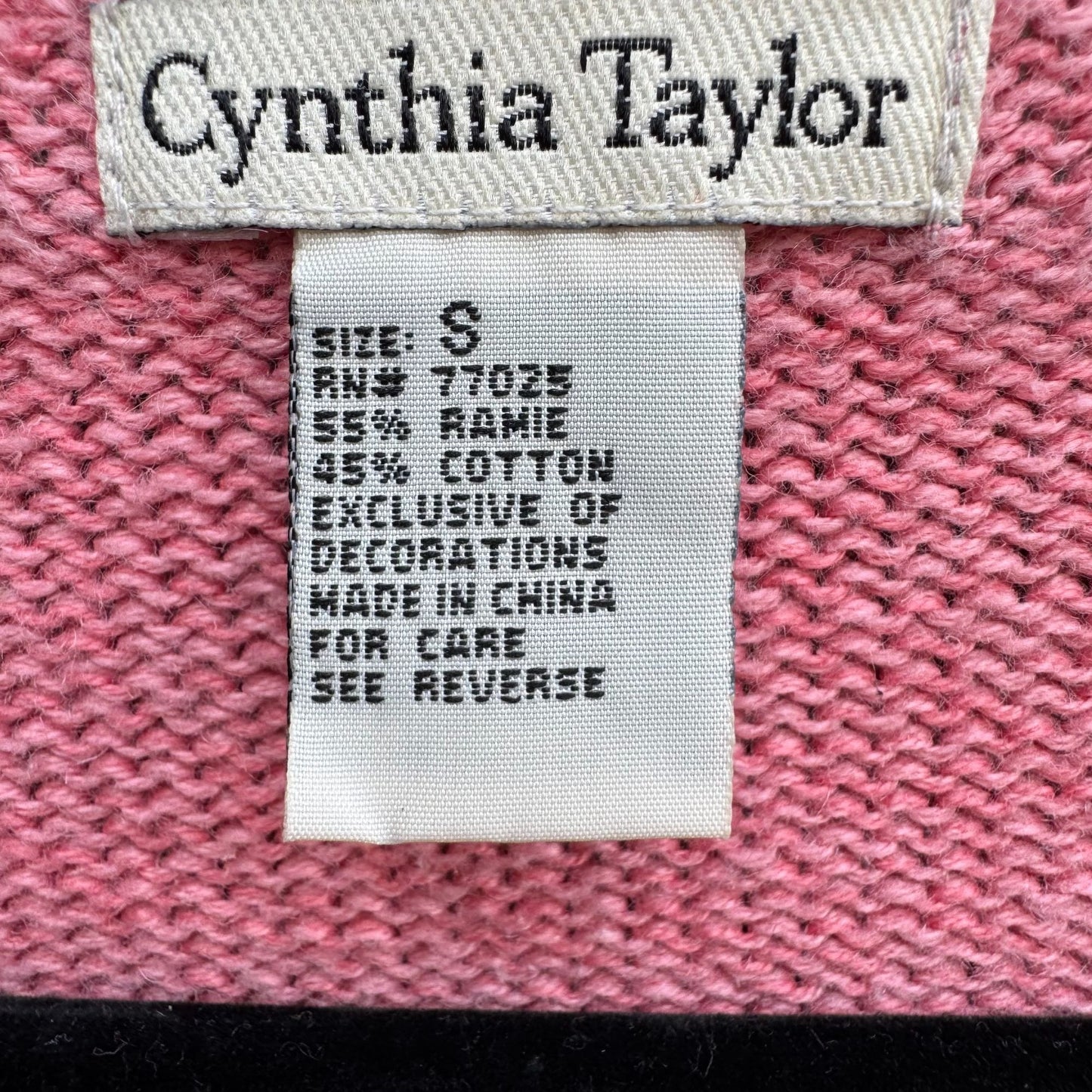 Cynthia Taylor Vintage Womens Pink Sweater Cottage Floral Embroidery Beaded Hem