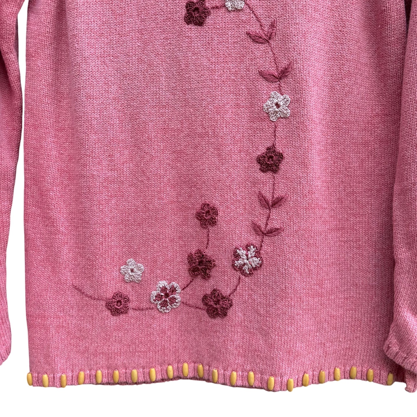 Cynthia Taylor Vintage Womens Pink Sweater Cottage Floral Embroidery Beaded Hem