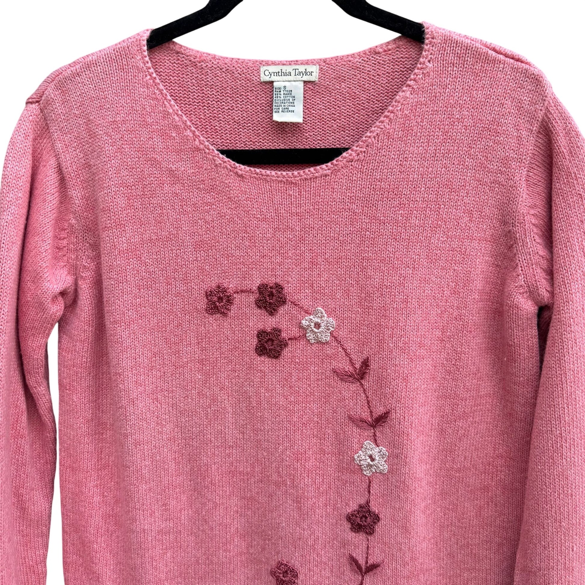 Cynthia Taylor Vintage Womens Pink Sweater Cottage Floral Embroidery Beaded Hem
