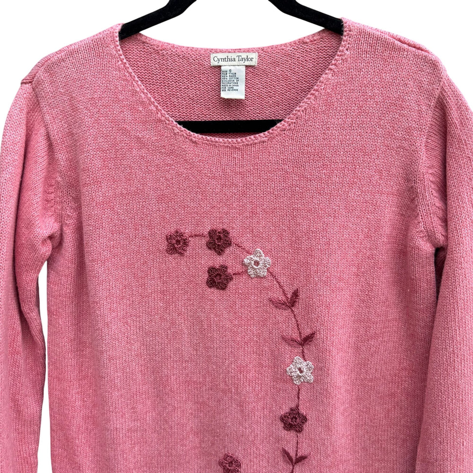 Cynthia Taylor Vintage Womens Pink Sweater Cottage Floral Embroidery Beaded Hem
