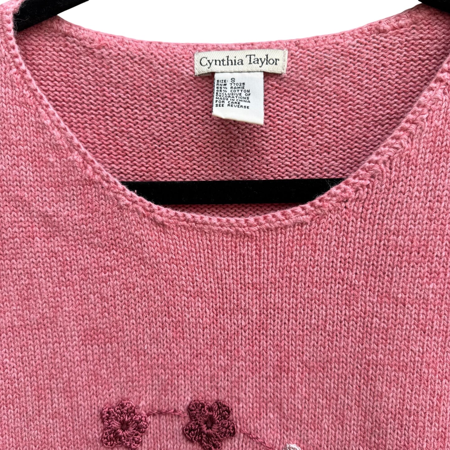 Cynthia Taylor Vintage Womens Pink Sweater Cottage Floral Embroidery Beaded Hem
