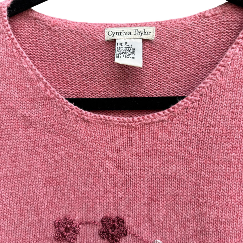 Cynthia Taylor Vintage Womens Pink Sweater Cottage Floral Embroidery Beaded Hem