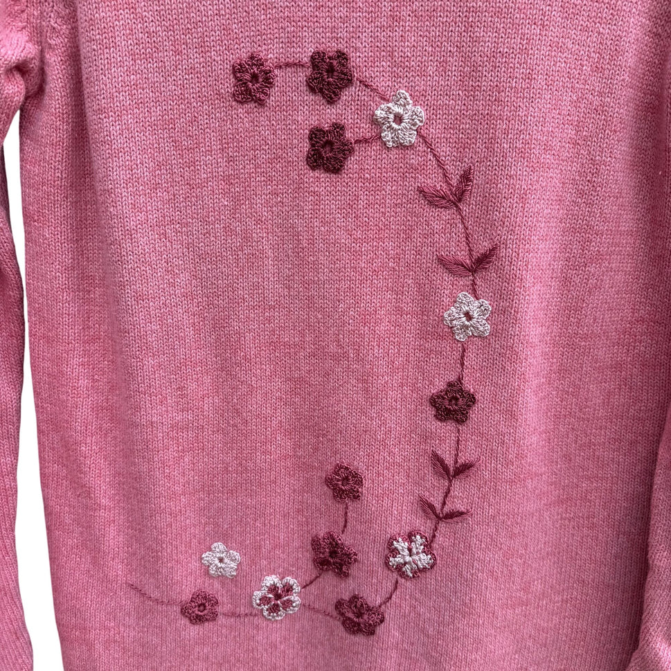 Cynthia Taylor Vintage Womens Pink Sweater Cottage Floral Embroidery Beaded Hem
