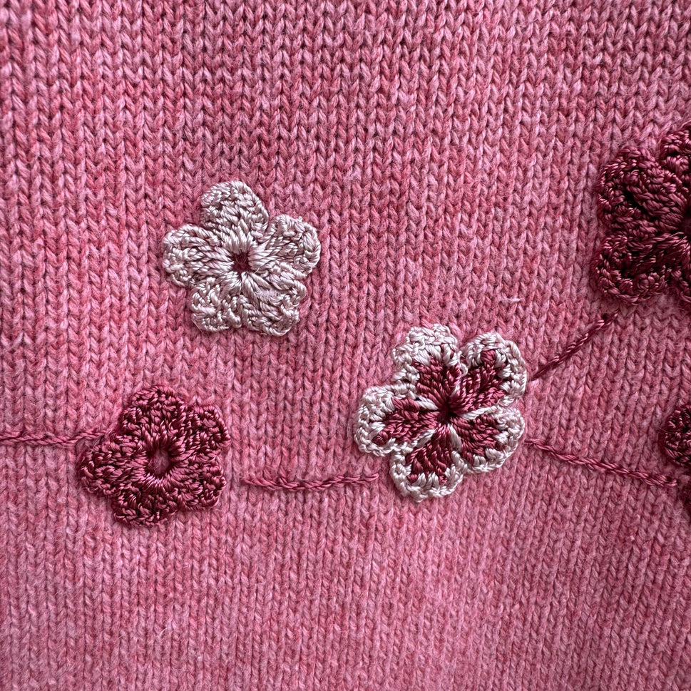 Cynthia Taylor Vintage Womens Pink Sweater Cottage Floral Embroidery Beaded Hem