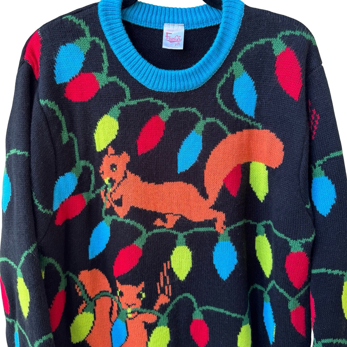 FunQi Squirrel Christmas Light Graphic Ugly Sweater Holiday Party Black Mens XL
