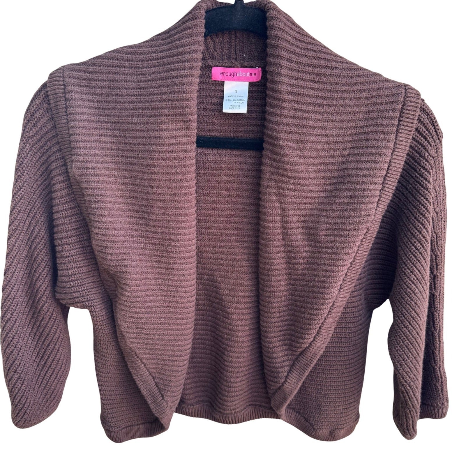 Enough About Me Brown Ribbed Open Front Cardigan Shawl Collar Batwing Sleeve S