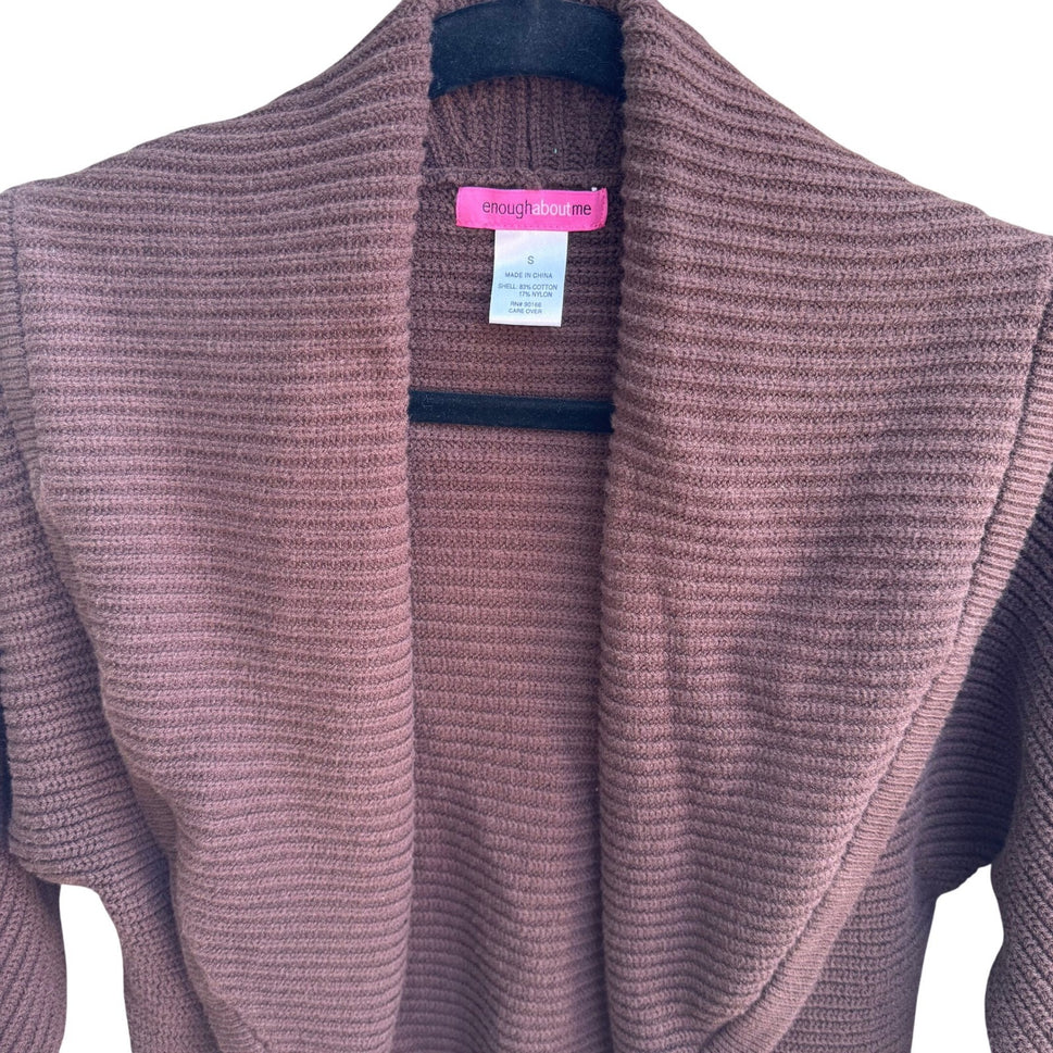 Enough About Me Brown Ribbed Open Front Cardigan Shawl Collar Batwing Sleeve S