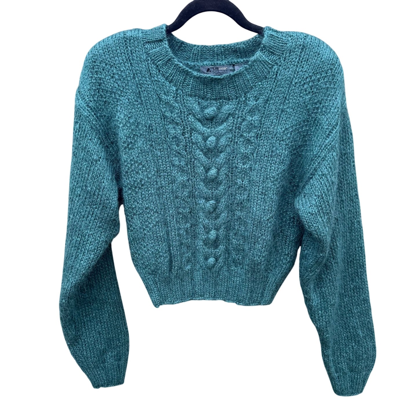 Lizwear Vintage 80s 90s Hand-Knitted Teal Wool Blend Cable Knit Crop Sweater SP