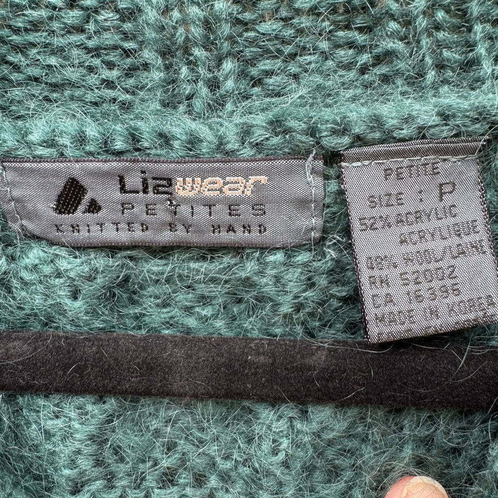 Lizwear Vintage 80s 90s Hand-Knitted Teal Wool Blend Cable Knit Crop Sweater SP
