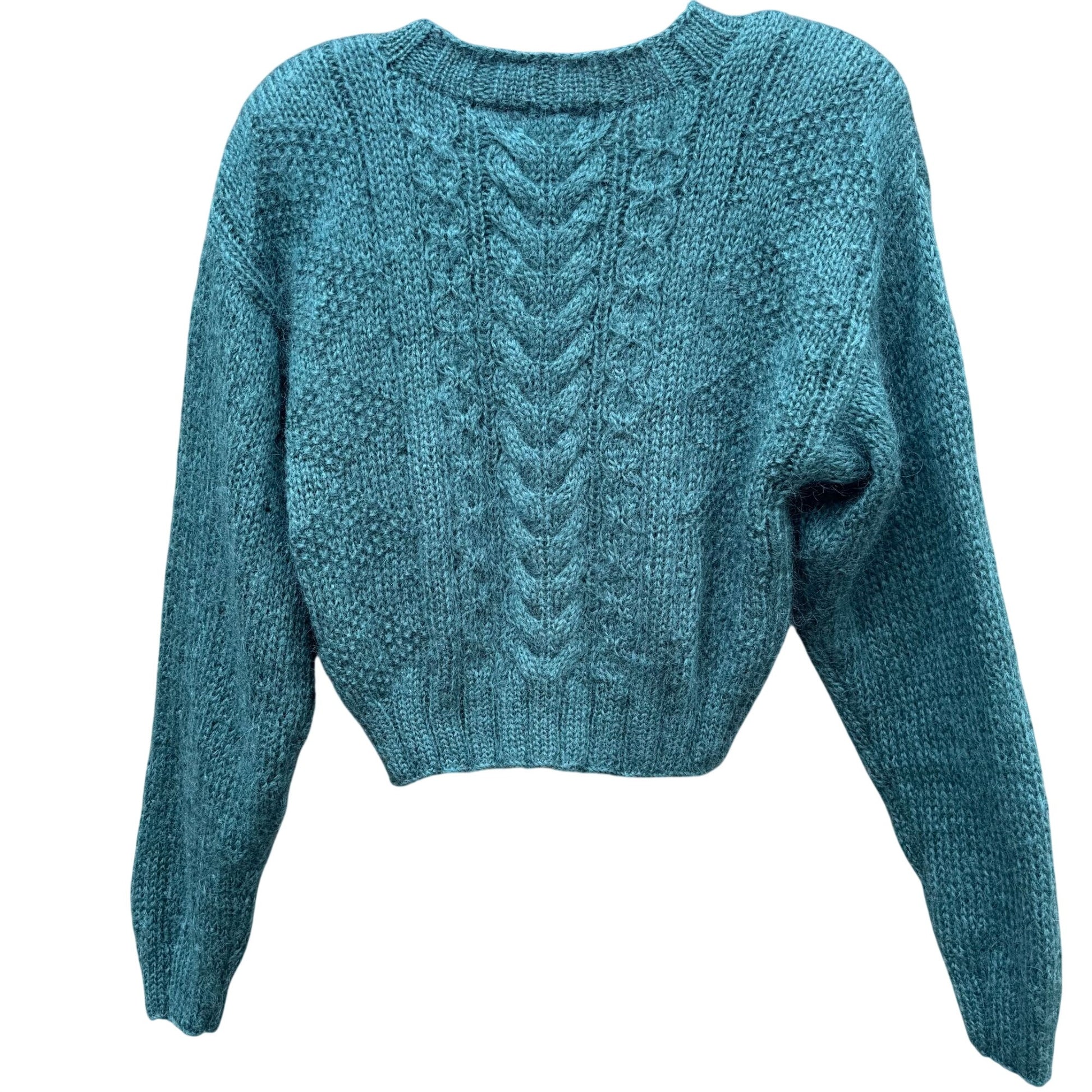 Lizwear Vintage 80s 90s Hand-Knitted Teal Wool Blend Cable Knit Crop Sweater SP