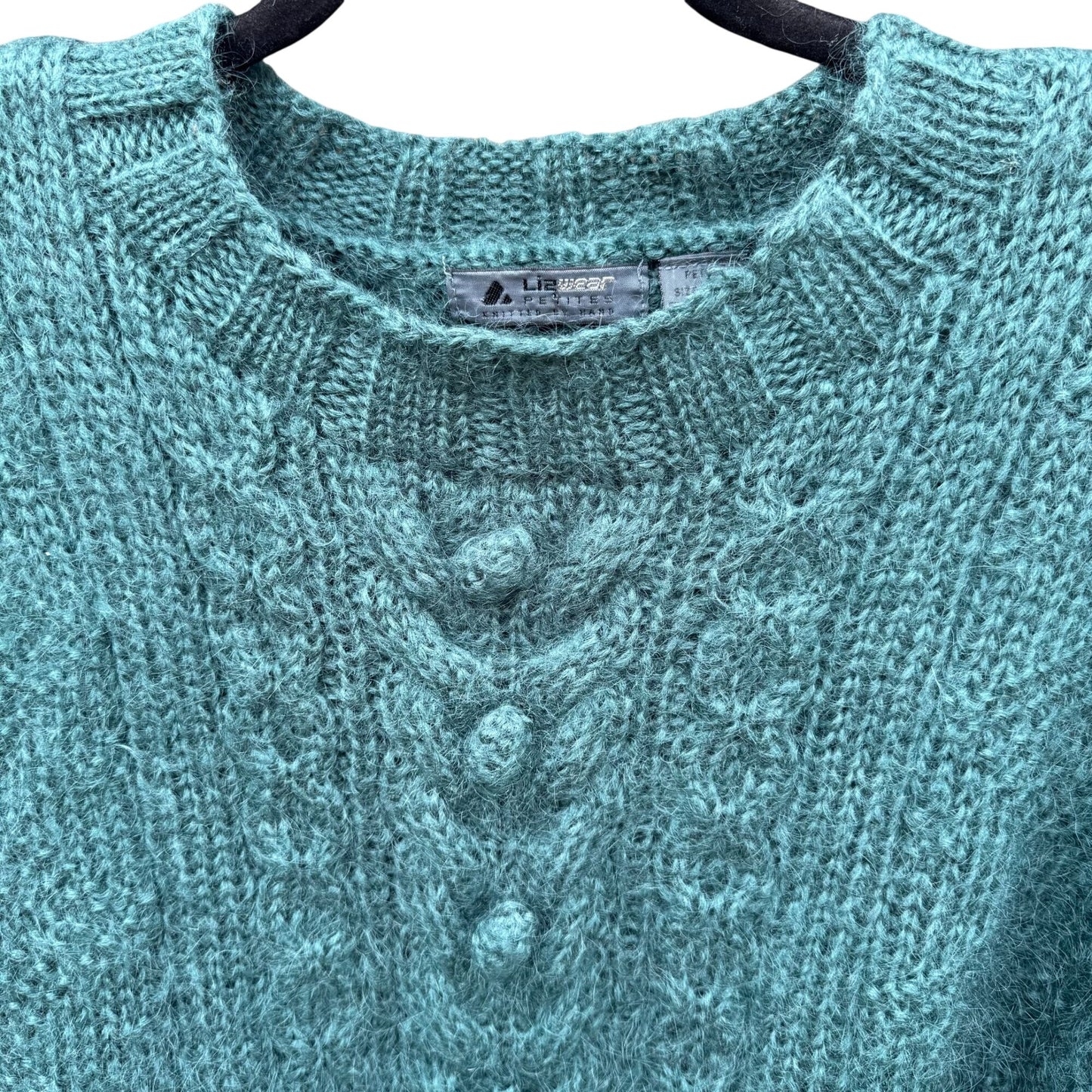 Lizwear Vintage 80s 90s Hand-Knitted Teal Wool Blend Cable Knit Crop Sweater SP