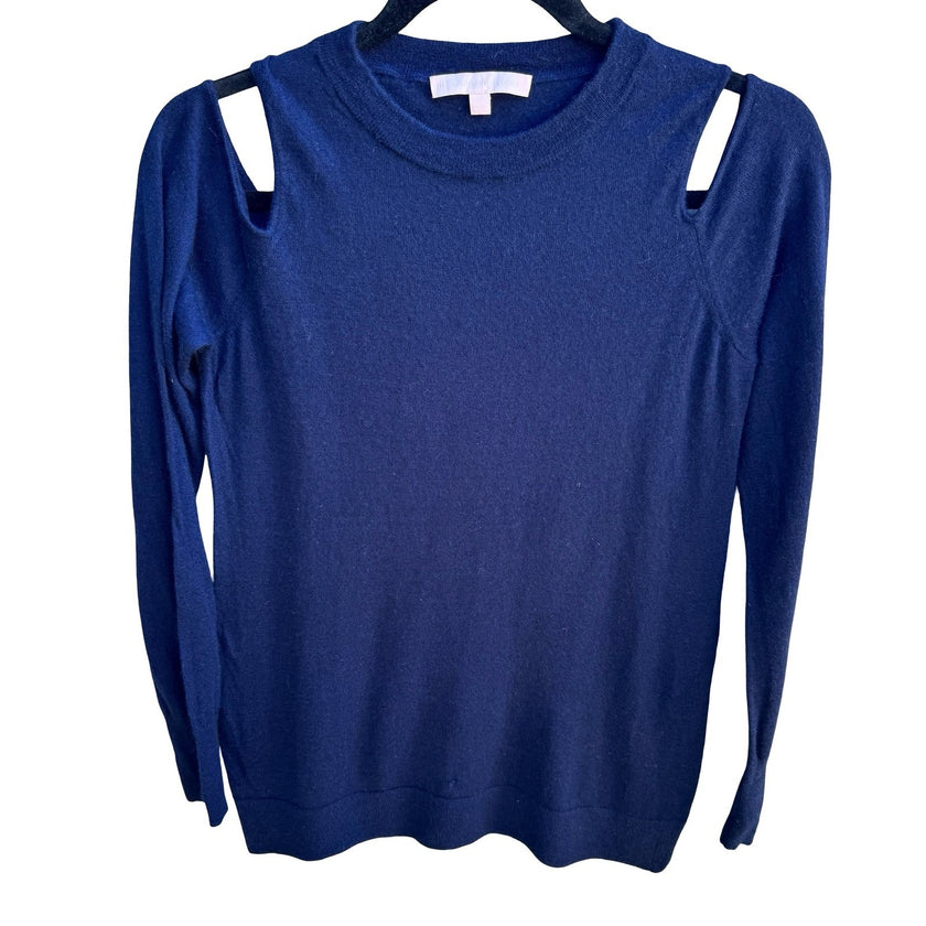The Cashmere Project Quiet Luxury Minimalist Preppy Cold Shoulder Sweater Navy M
