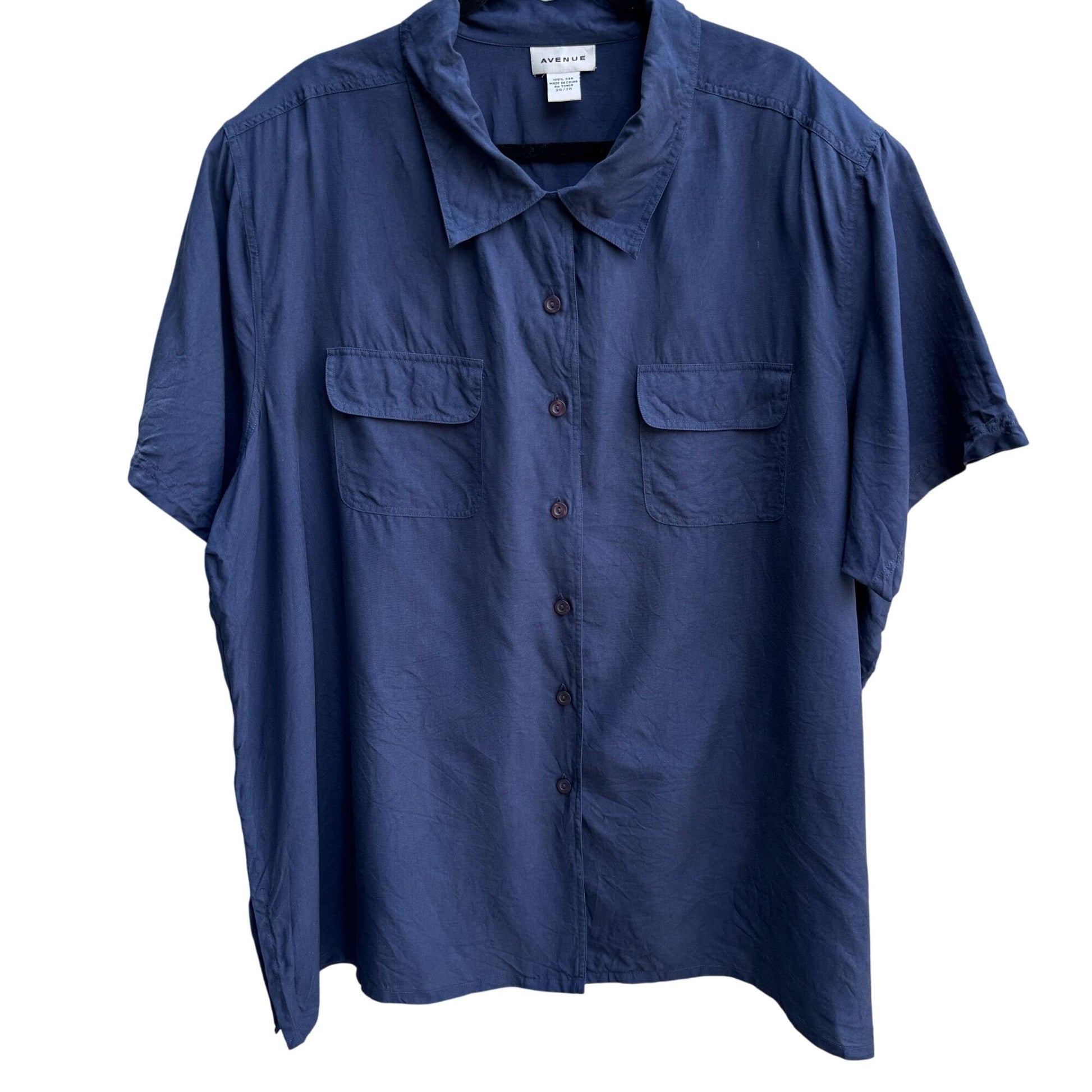 Avenue Vintage Womens Plus Size Navy Silk Button-Down Preppy Shirt Blouse 26/28