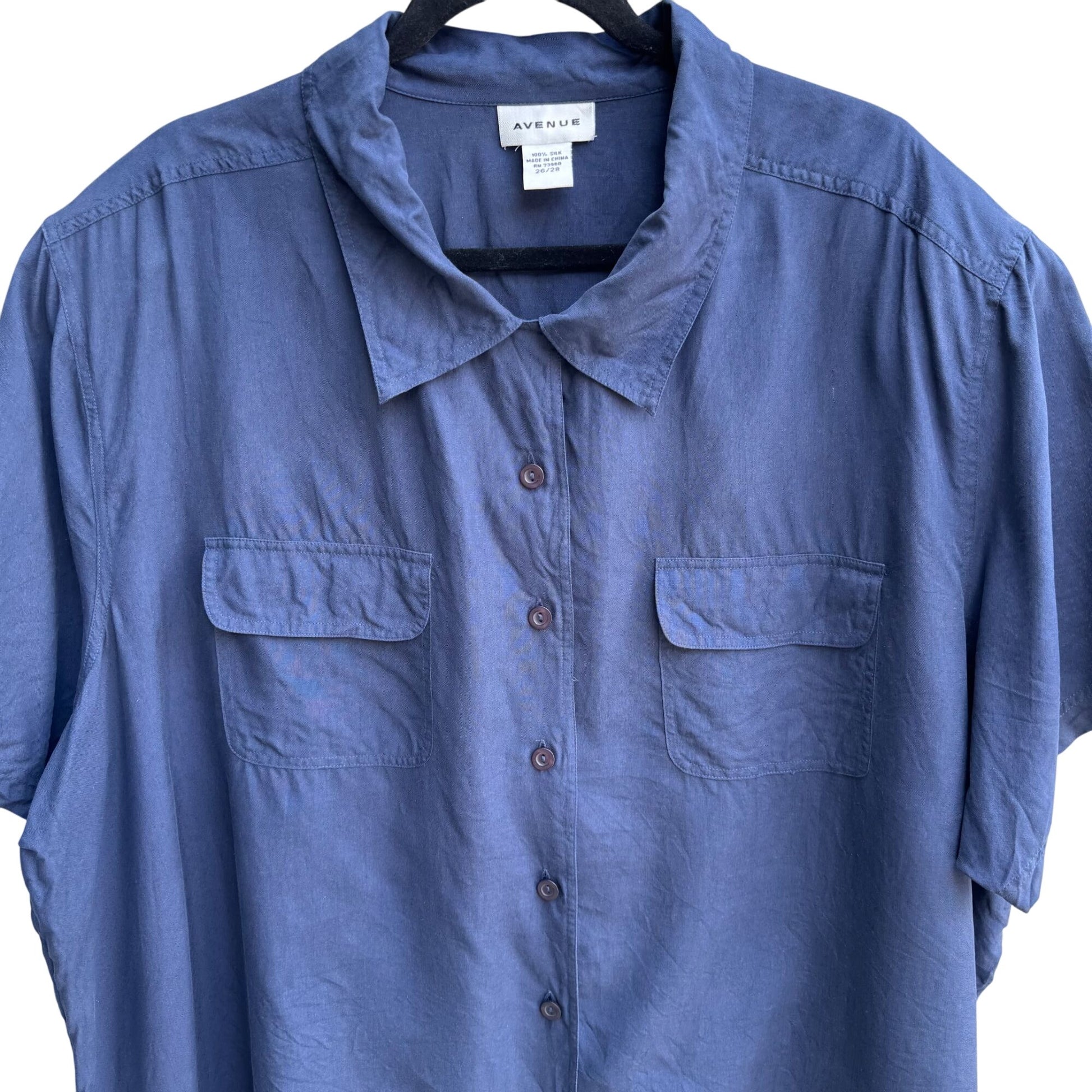 Avenue Vintage Womens Plus Size Navy Silk Button-Down Preppy Shirt Blouse 26/28