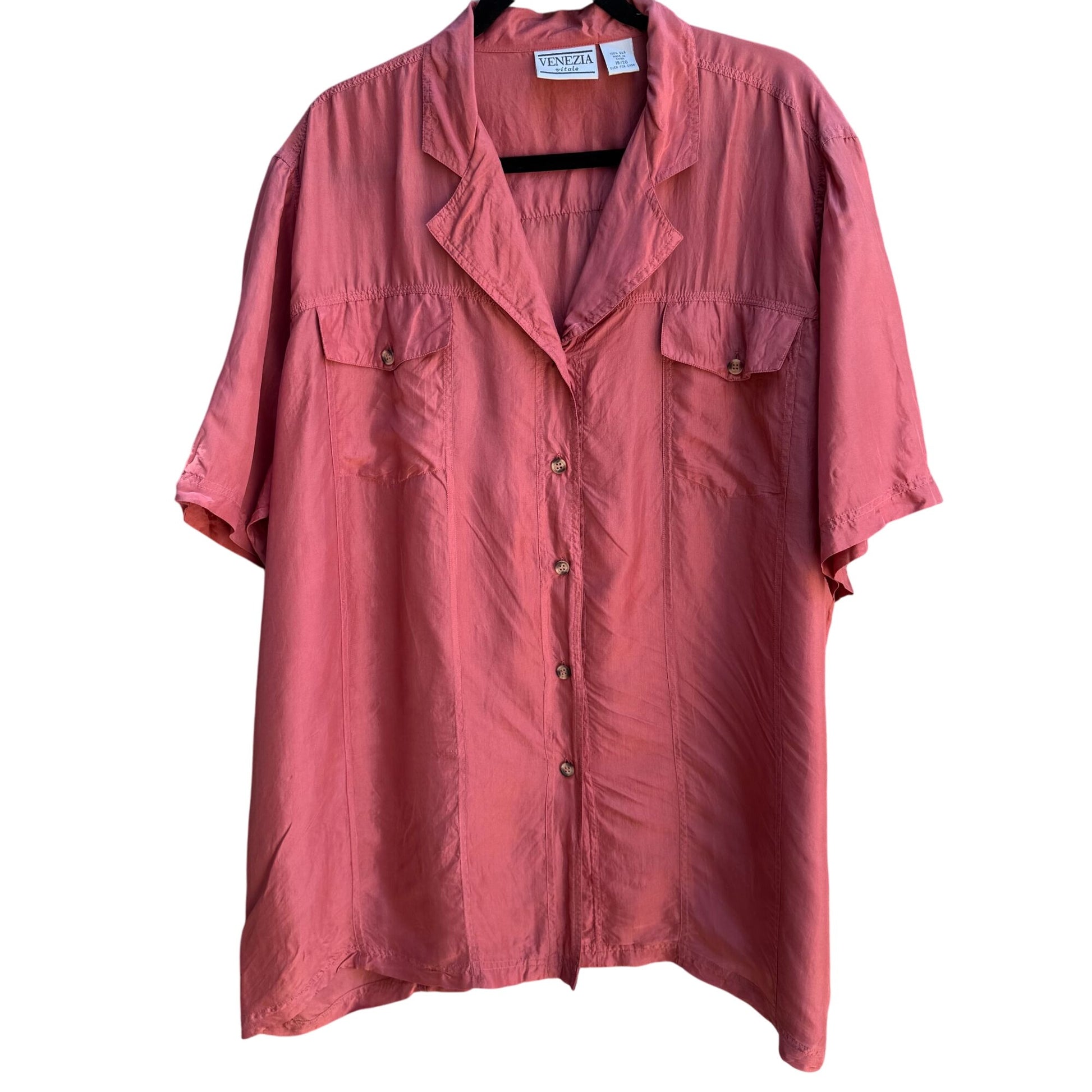 Venezia Vitale Womens Silk Dusty Rose Short Sleeve Button-Up Shirt Size 18/20