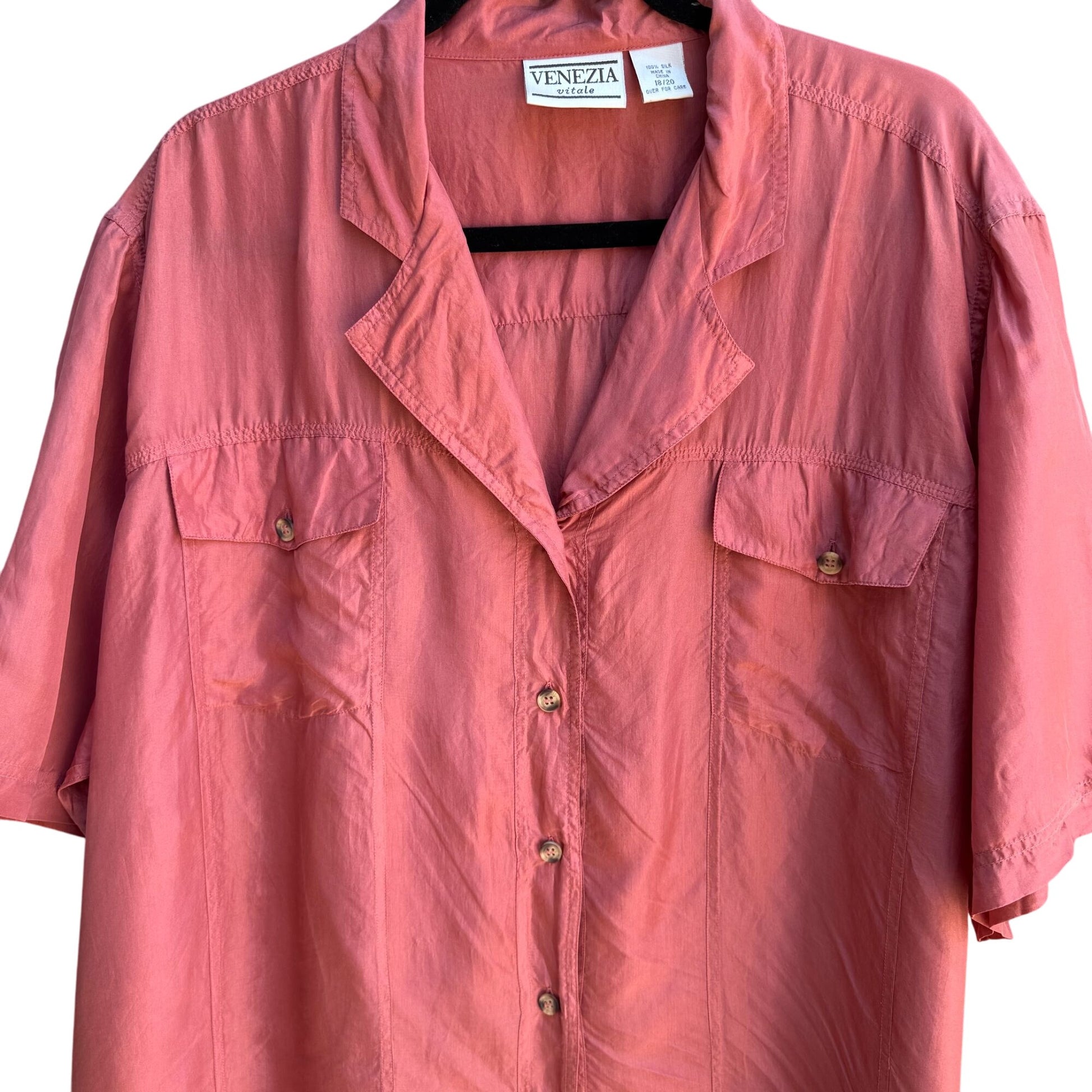 Venezia Vitale Womens Silk Dusty Rose Short Sleeve Button-Up Shirt Size 18/20