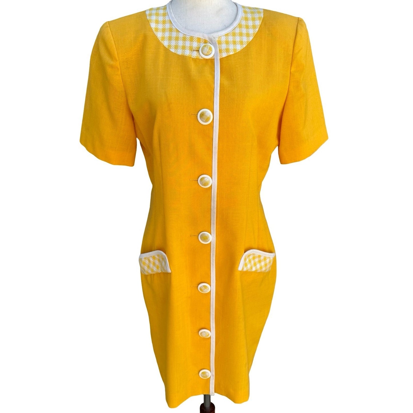 Leslie Fay Vintage 80s Retro Yellow Gingham Trim Button Front Shift Dress Size 8