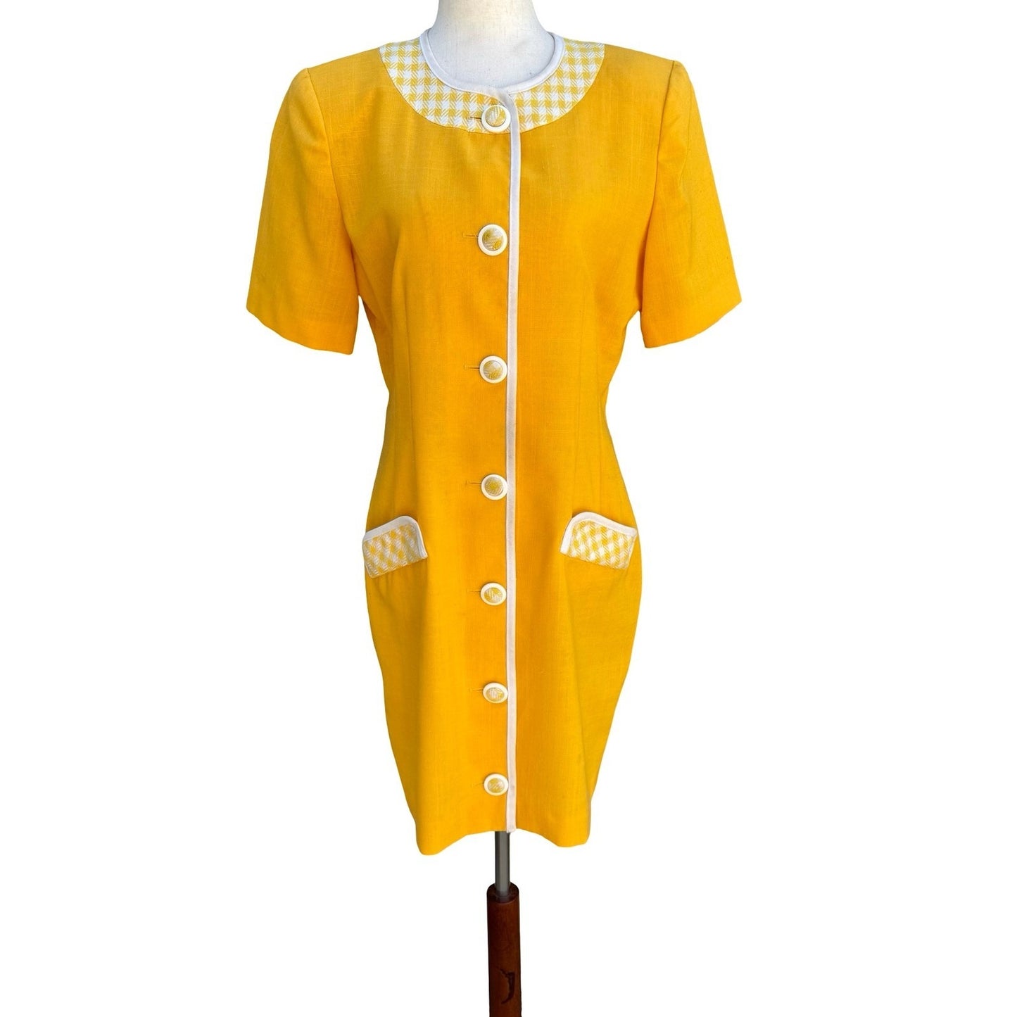 Leslie Fay Vintage 80s Retro Yellow Gingham Trim Button Front Shift Dress Size 8