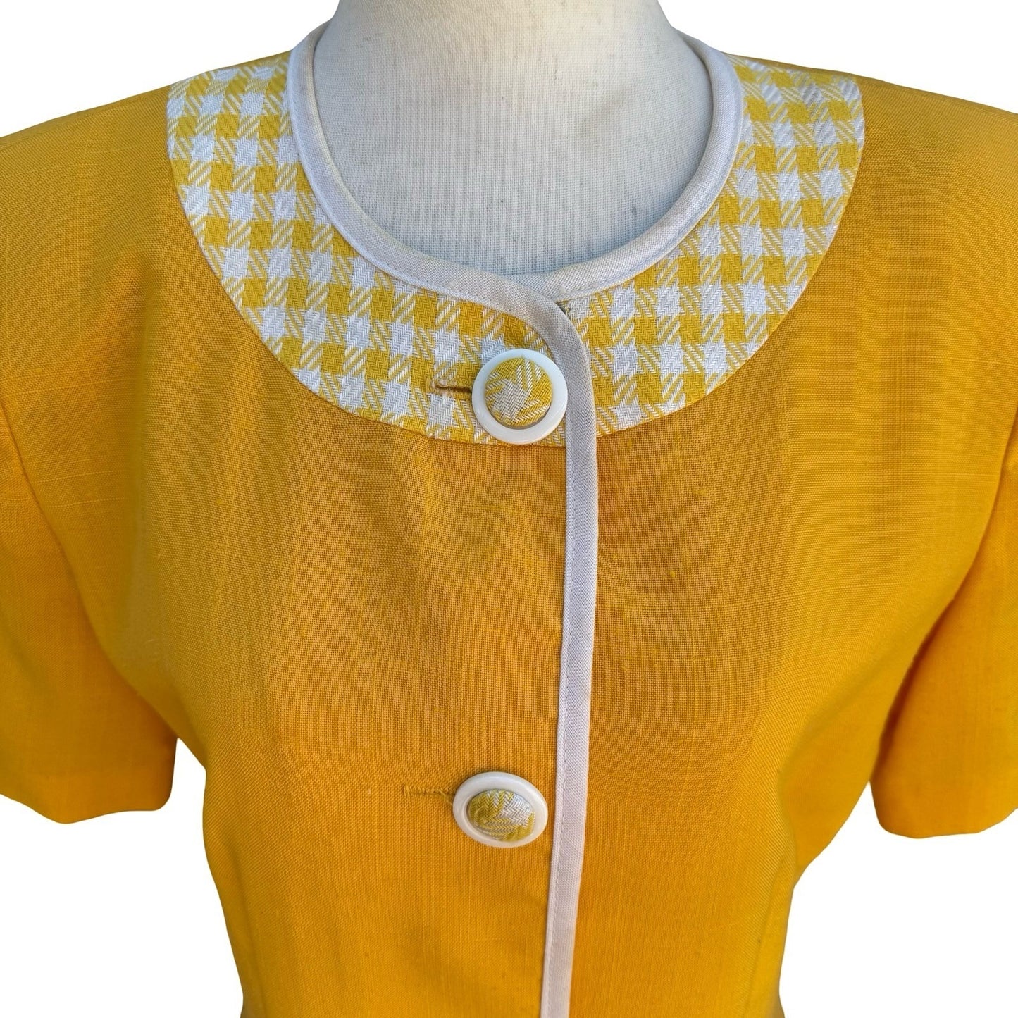 Leslie Fay Vintage 80s Retro Yellow Gingham Trim Button Front Shift Dress Size 8