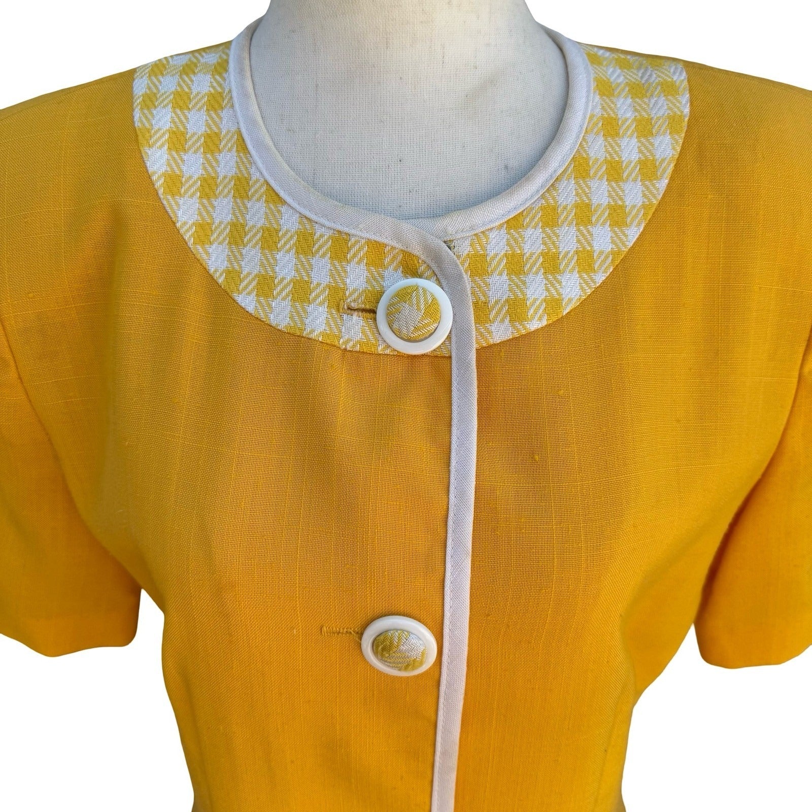 Leslie Fay Vintage 80s Retro Yellow Gingham Trim Button Front Shift Dress Size 8