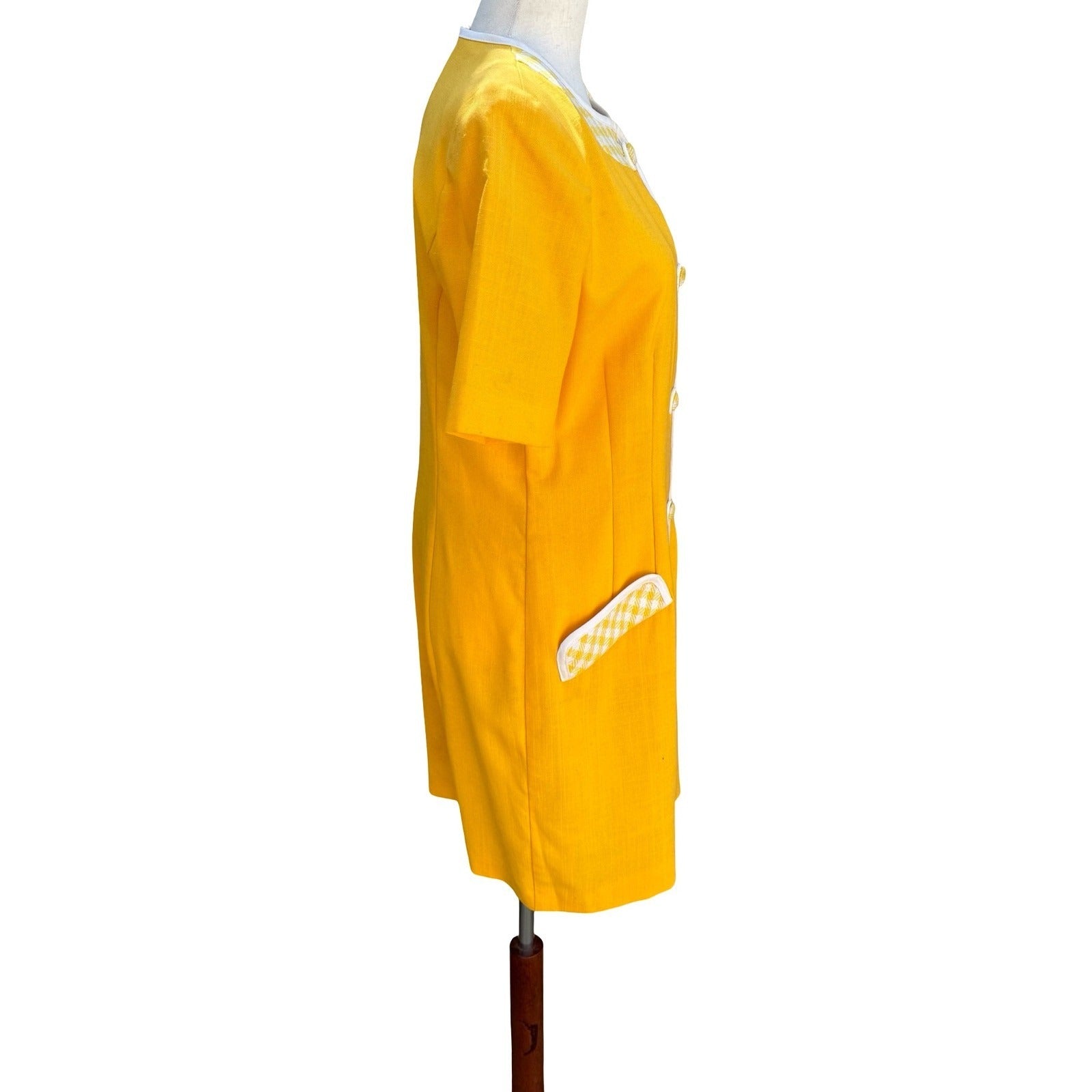 Leslie Fay Vintage 80s Retro Yellow Gingham Trim Button Front Shift Dress Size 8