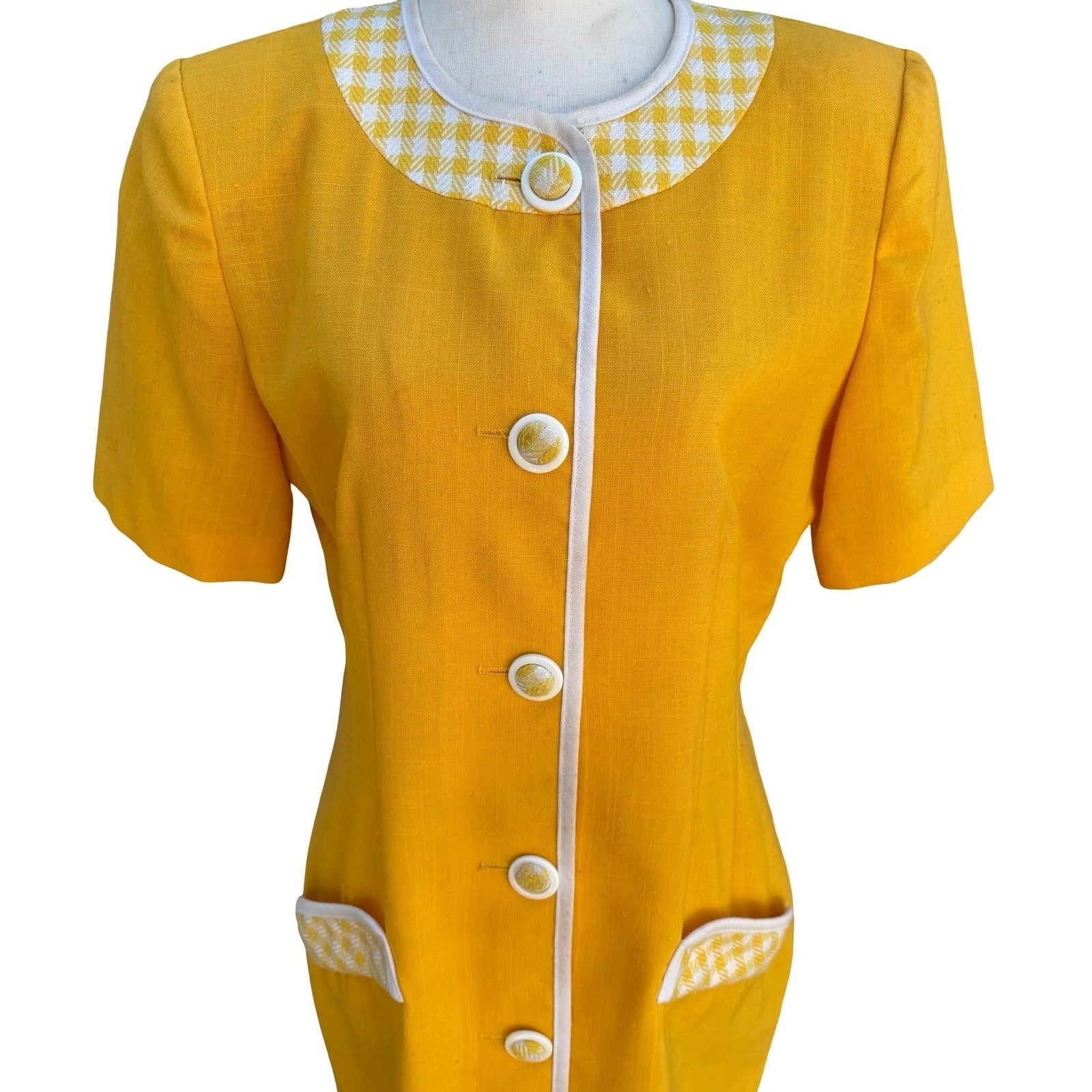 Leslie Fay Vintage 80s Retro Yellow Gingham Trim Button Front Shift Dress Size 8