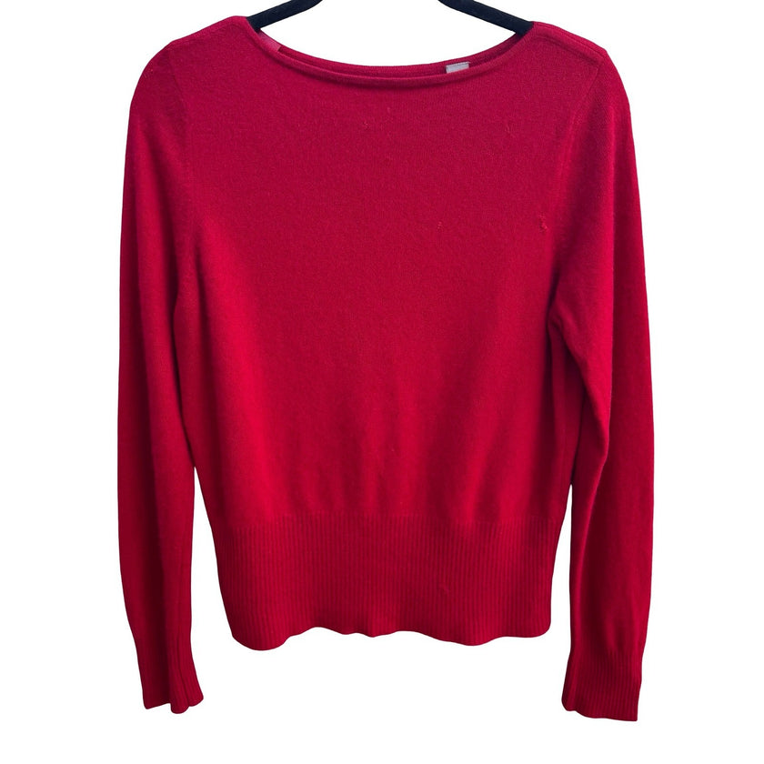 Cashmere Quiet Luxury Minimalist Boat Neck Ribbed Sweater Tomato Red Womens L