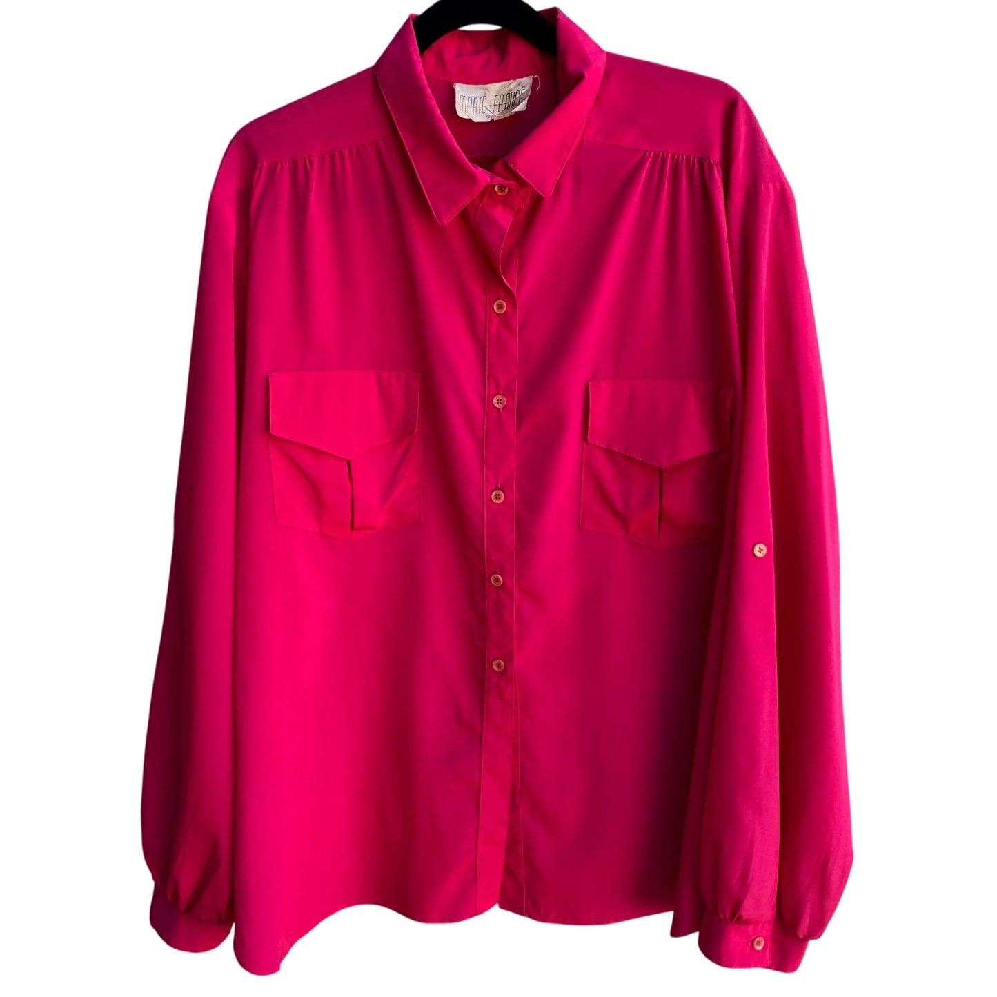 Marie-France Vintage Hot Pink Button-Up Palace Silk Roll Tab Sleeve Blouse 3XL