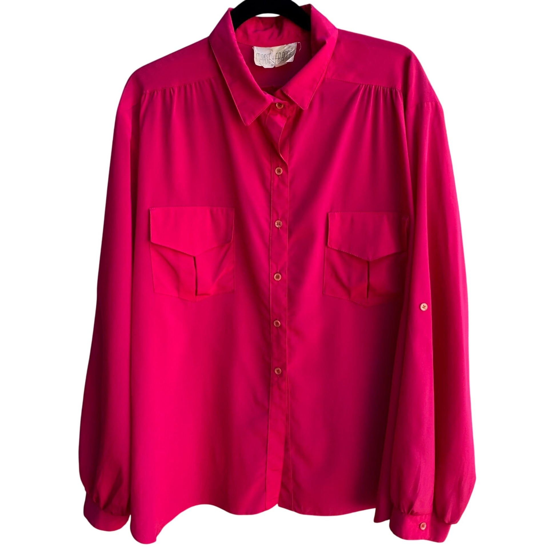 Marie-France Vintage Hot Pink Button-Up Palace Silk Roll Tab Sleeve Blouse 3XL