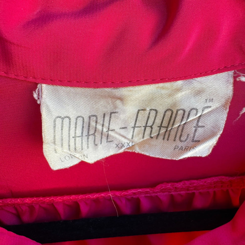 Marie-France Vintage Hot Pink Button-Up Palace Silk Roll Tab Sleeve Blouse 3XL