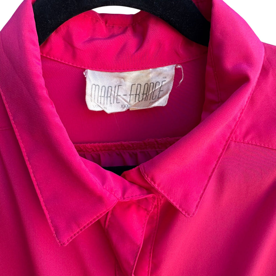 Marie-France Vintage Hot Pink Button-Up Palace Silk Roll Tab Sleeve Blouse 3XL