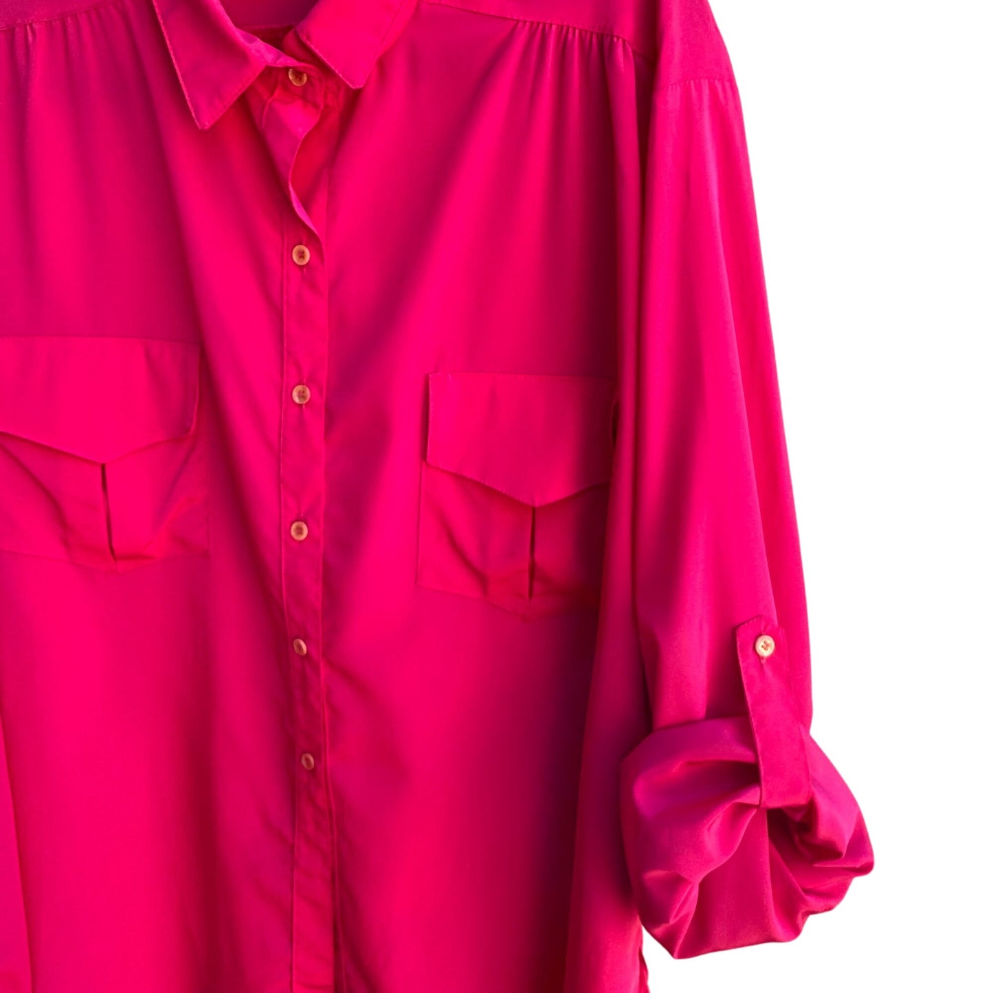 Marie-France Vintage Hot Pink Button-Up Palace Silk Roll Tab Sleeve Blouse 3XL